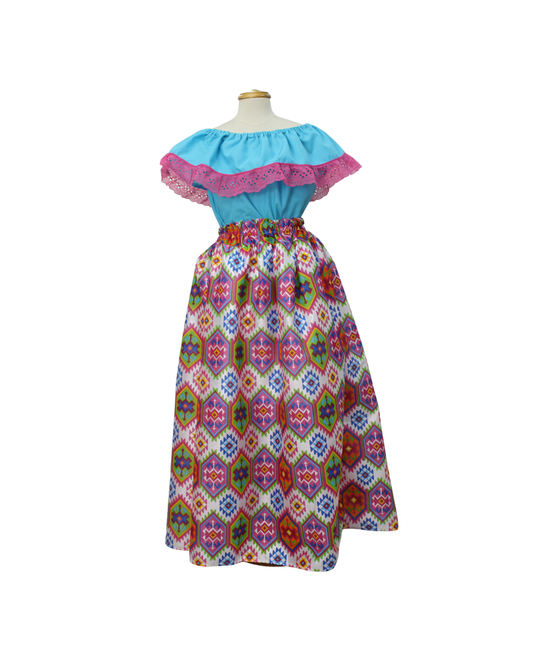 SET FALDA ADELITA CUADROS BLUSA CAMPESINA AZUL ENCAJE ROSA
