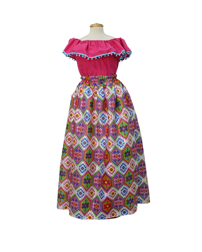 SET FALDA ADELITA CUADROS BLUSA CAMPESINA ROSA POMPON AZUL