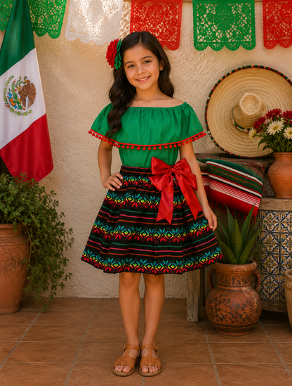 SET PATRIO TUTU CON BLUSA CAMPESINA VERDE POMPON ROJO, FALDA RAYAS CAMBAYA