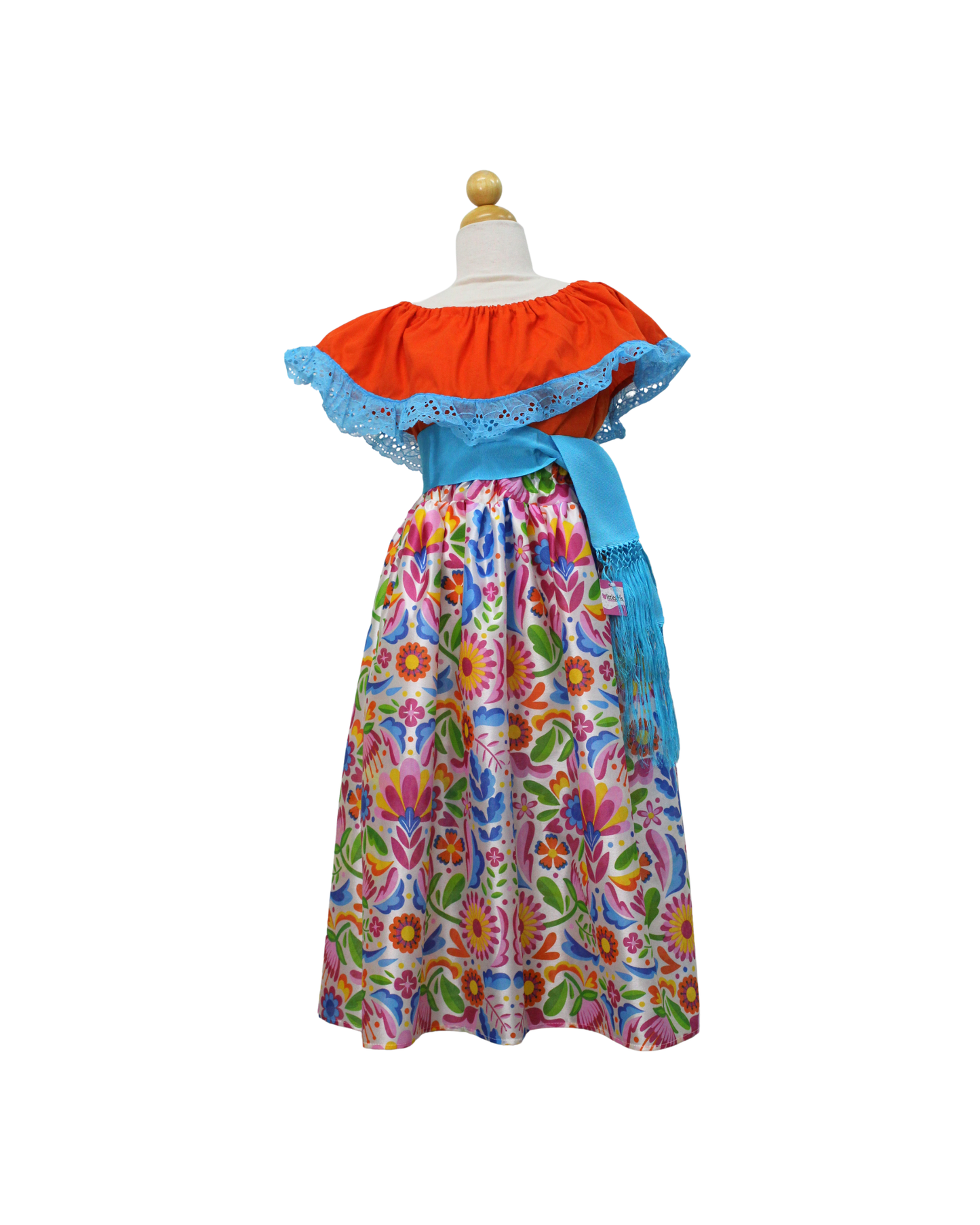 SET FALDA ADELITA FLORES BLUSA CAMPESINA NARANJA ENCAJE AZUL