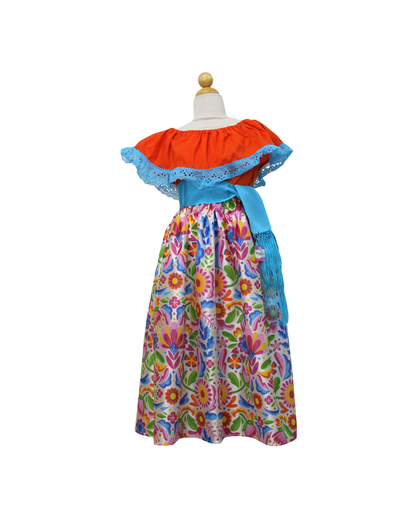 SET FALDA ADELITA FLORES BLUSA CAMPESINA NARANJA ENCAJE AZUL