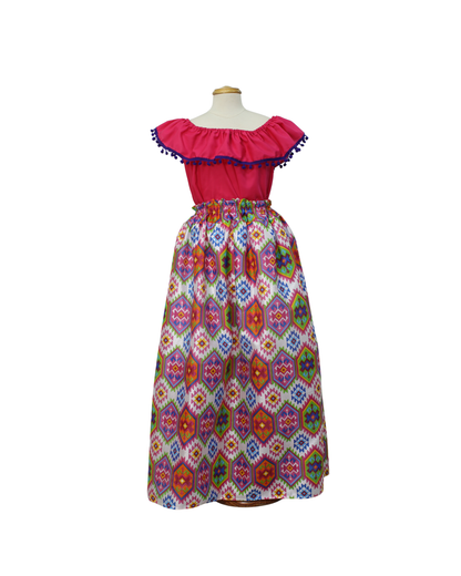 SET FALDA ADELITA CUADROS BLUSA CAMPESINA ROSA POMPON MARINO