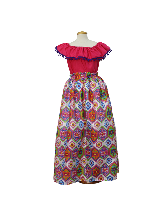 SET FALDA ADELITA CUADROS BLUSA CAMPESINA ROSA POMPON MARINO