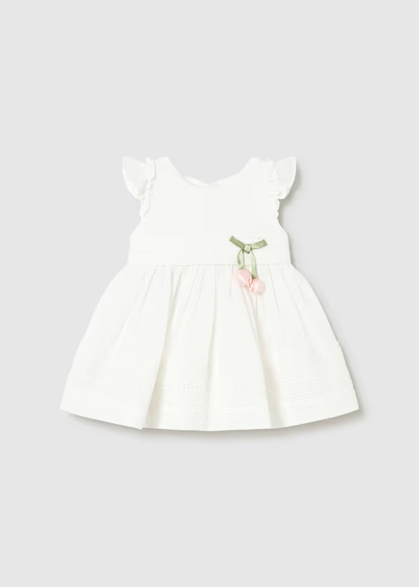 Vestido guipur color crudo, lazo flores en cintura