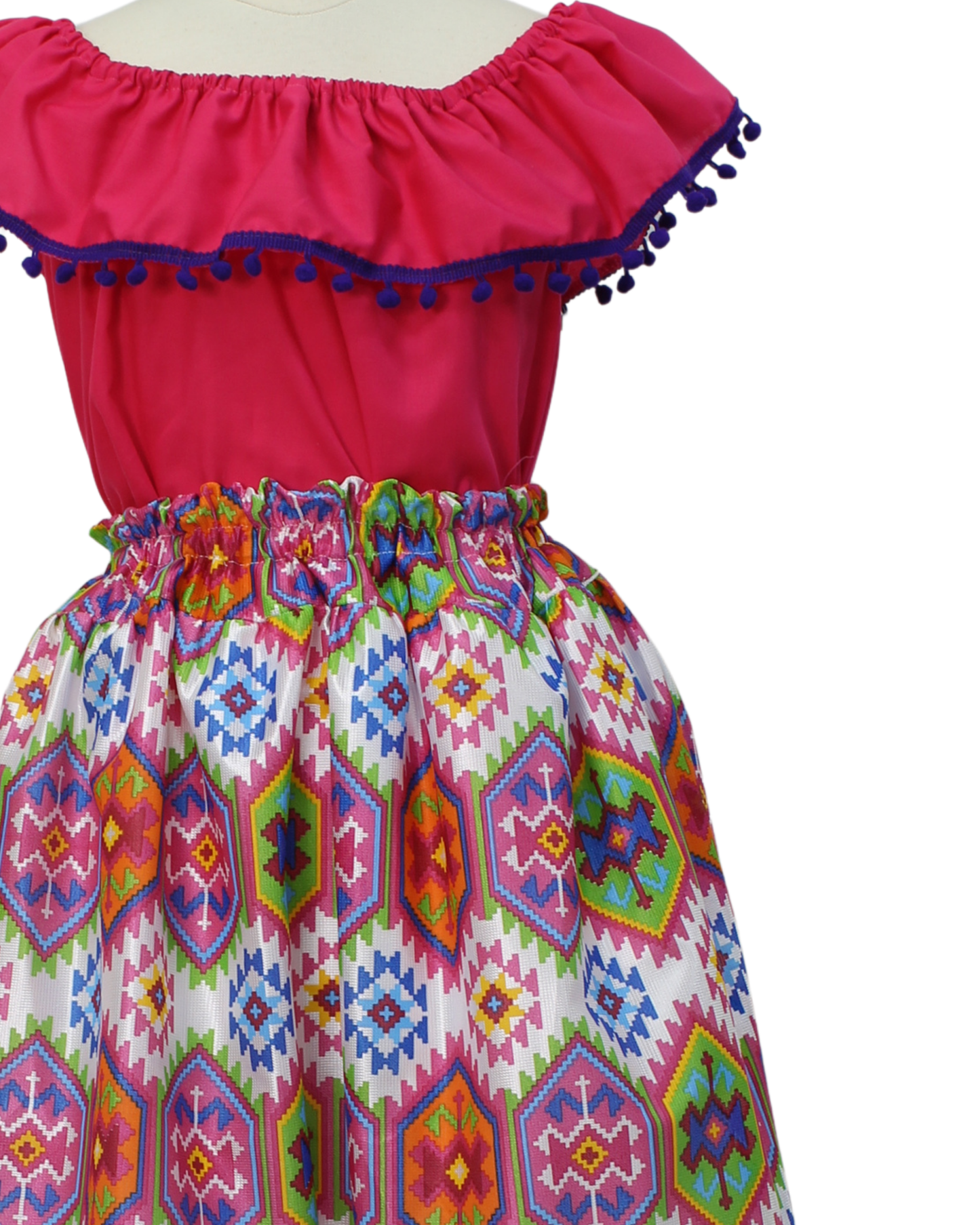 SET FALDA ADELITA CUADROS BLUSA CAMPESINA ROSA POMPON MARINO