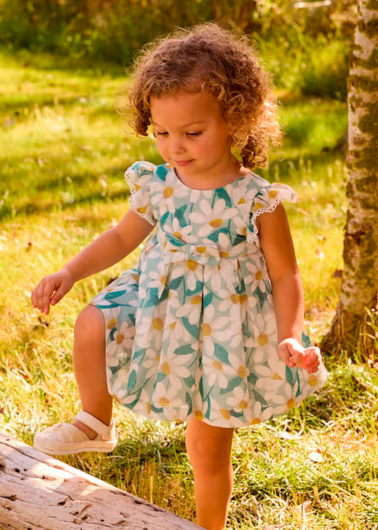 Vestido de ceremonia con volantes y estampado de flores verde lago