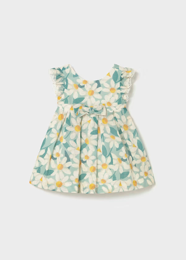 Vestido de ceremonia con volantes y estampado de flores verde lago