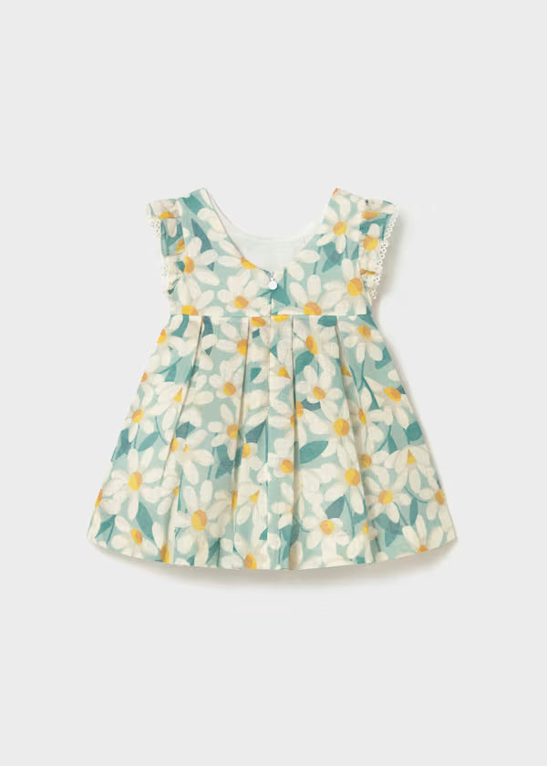 Vestido de ceremonia con volantes y estampado de flores verde lago