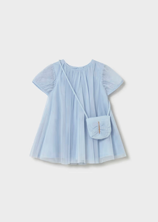 Vestido tul azul cielo con bolso mariposa