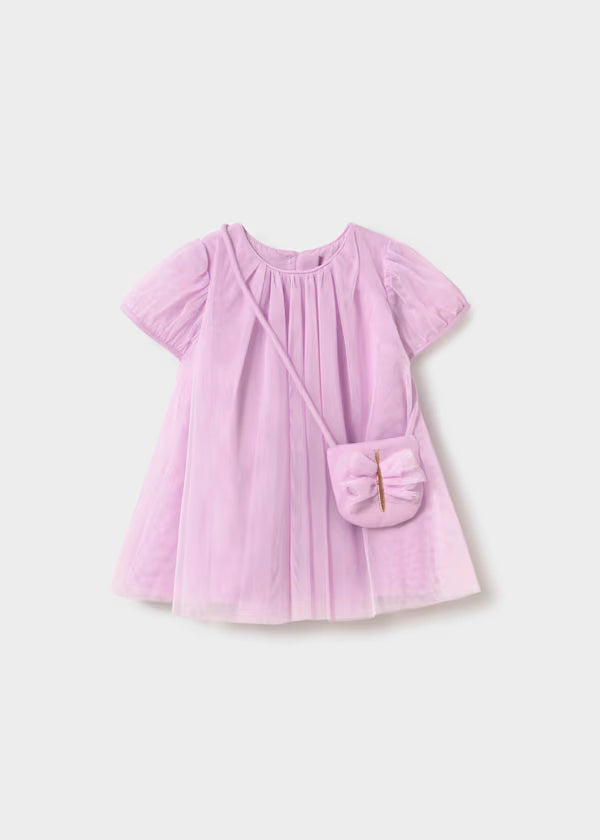 Vestido tul color malva con bolso mariposa
