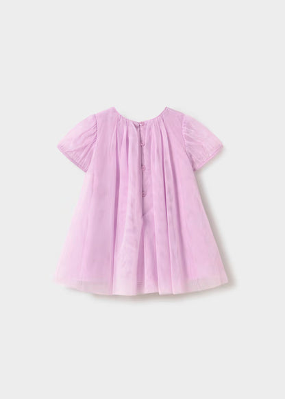Vestido tul color malva con bolso mariposa