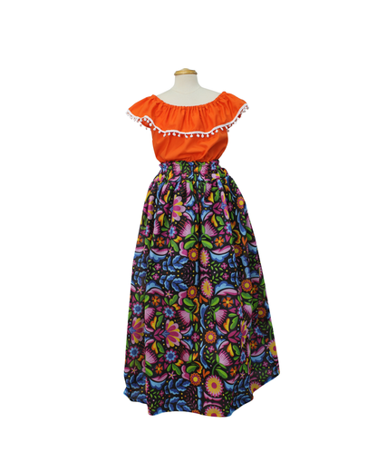 SET FALDA ADELITA FLORES BLUSA CAMPESINA NARANJA POMPON BLANCO