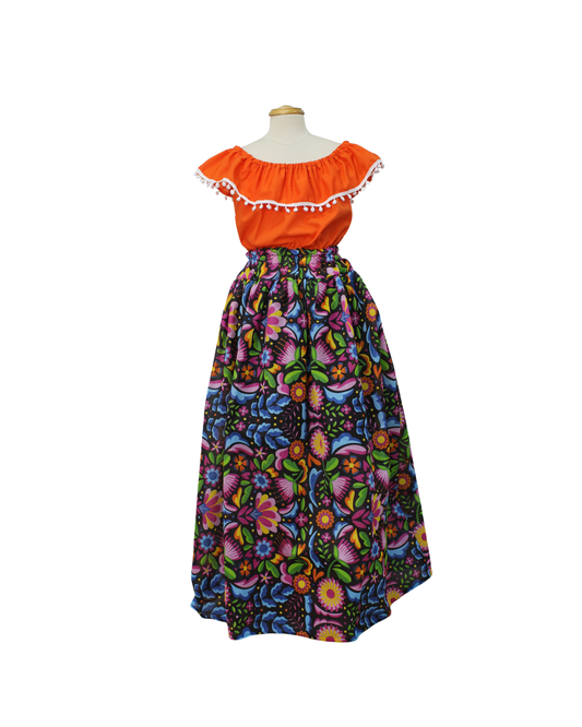 SET FALDA ADELITA FLORES BLUSA CAMPESINA NARANJA POMPON BLANCO