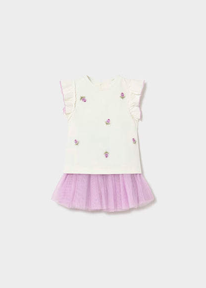 Conjunto de falda de tul  malva + camiseta con volantes