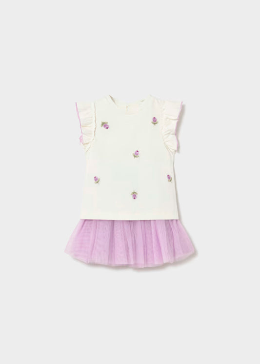 Conjunto de falda de tul  malva + camiseta con volantes