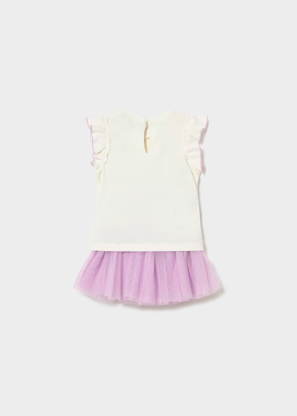 Conjunto de falda de tul  malva + camiseta con volantes