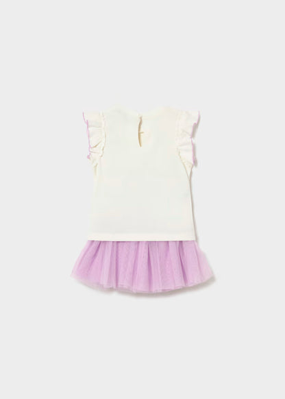 Conjunto de falda de tul  malva + camiseta con volantes