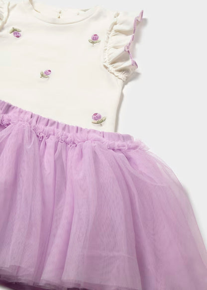 Conjunto de falda de tul  malva + camiseta con volantes