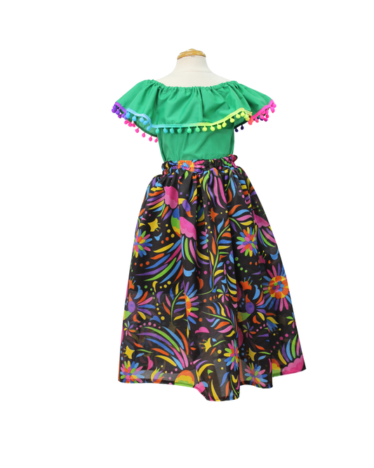 SET FALDA ADELITA FLORES  BLUSA CAMPESINA VERDE POMPON ARCOIRIS
