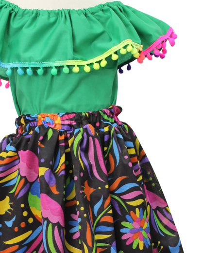 SET FALDA ADELITA FLORES  BLUSA CAMPESINA VERDE POMPON ARCOIRIS