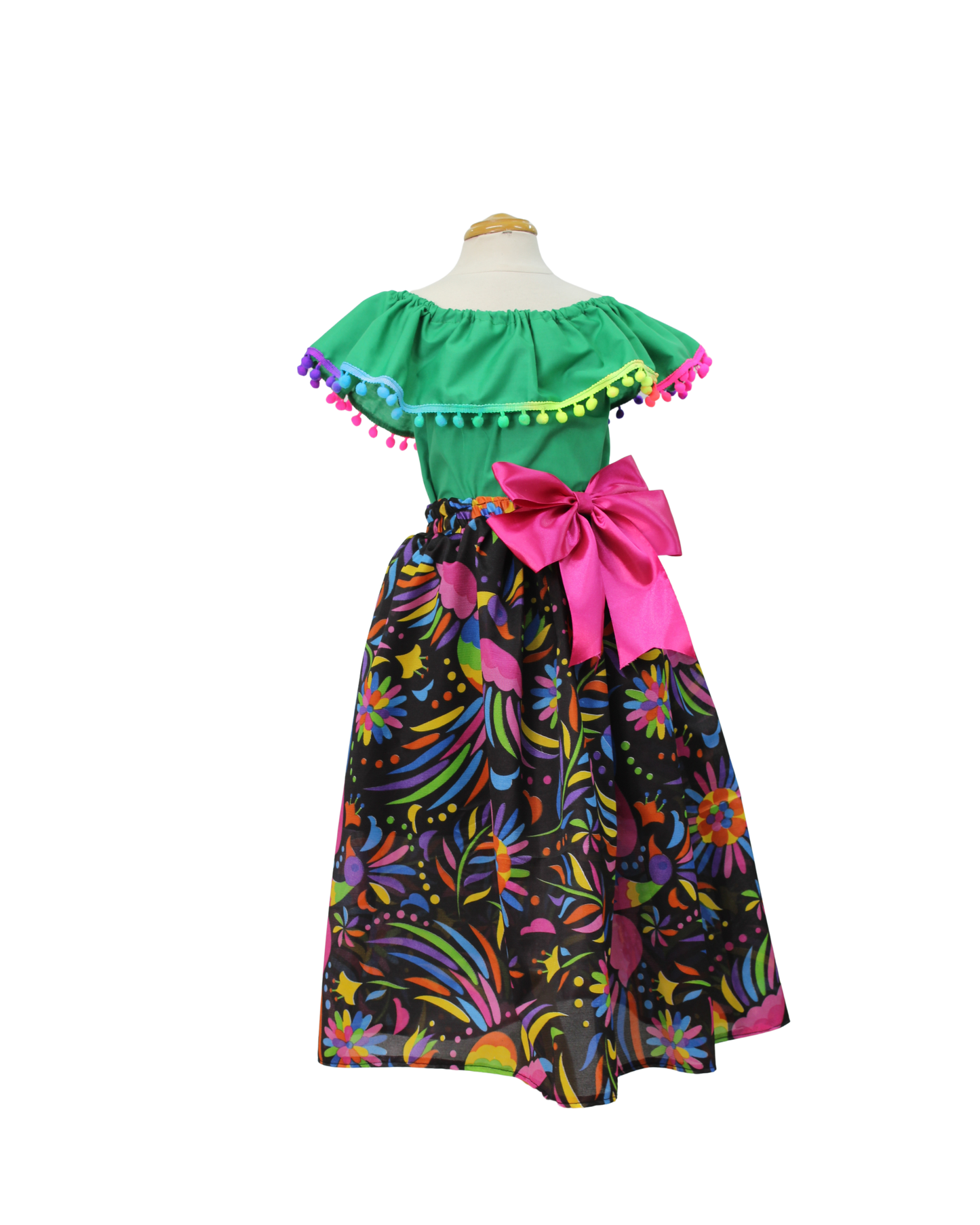SET FALDA ADELITA FLORES  BLUSA CAMPESINA VERDE POMPON ARCOIRIS