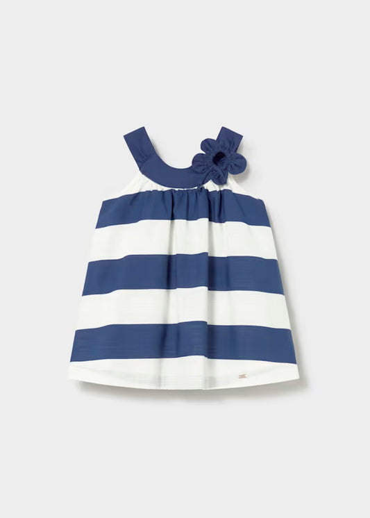 Vestido a rayas azul, cuello redondo