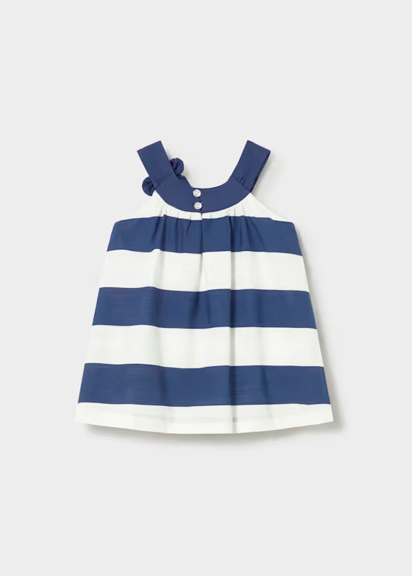 Vestido a rayas azul, cuello redondo
