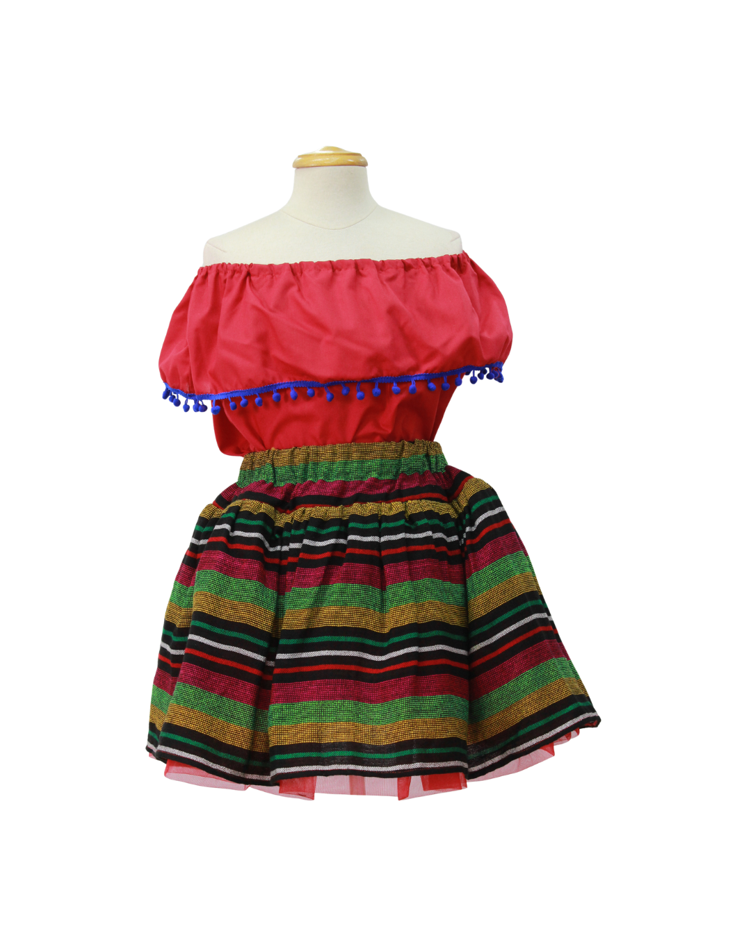 SET PATRIO TUTU CON BLUSA CAMPESINA ROSA POMPON AZUL, FALDA RAYAS