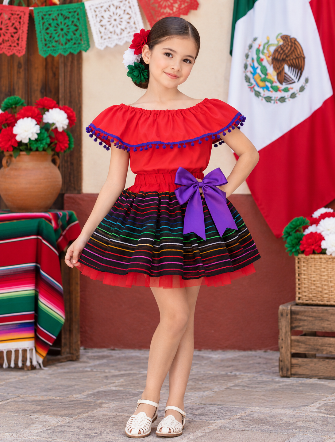SET PATRIO TUTU CON BLUSA CAMPESINA ROSA MEXICANO POMPON MORADO, FALDA RAYAS CAMBAYA