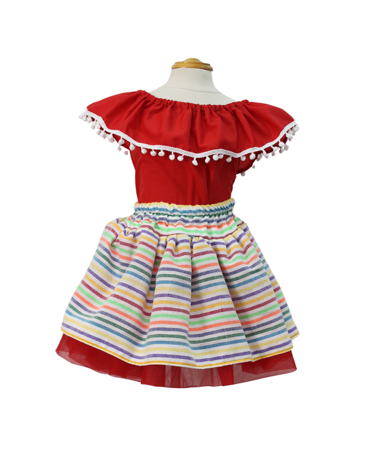 SET PATRIO TUTU CON BLUSA CAMPESINA ROJA POMPON BLANCO, FALDA RAYAS