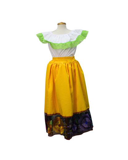 SET FALDA ADELITA AMARILLO CANARIO BLUSA MANGA CAMPESINA ENCAJE VERDE
