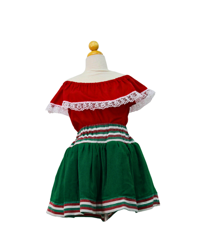 SET PATRIO TUTU CON BLUSA CAMPESINA ROJA ENCAJE BLANCO, FALDA VERDE