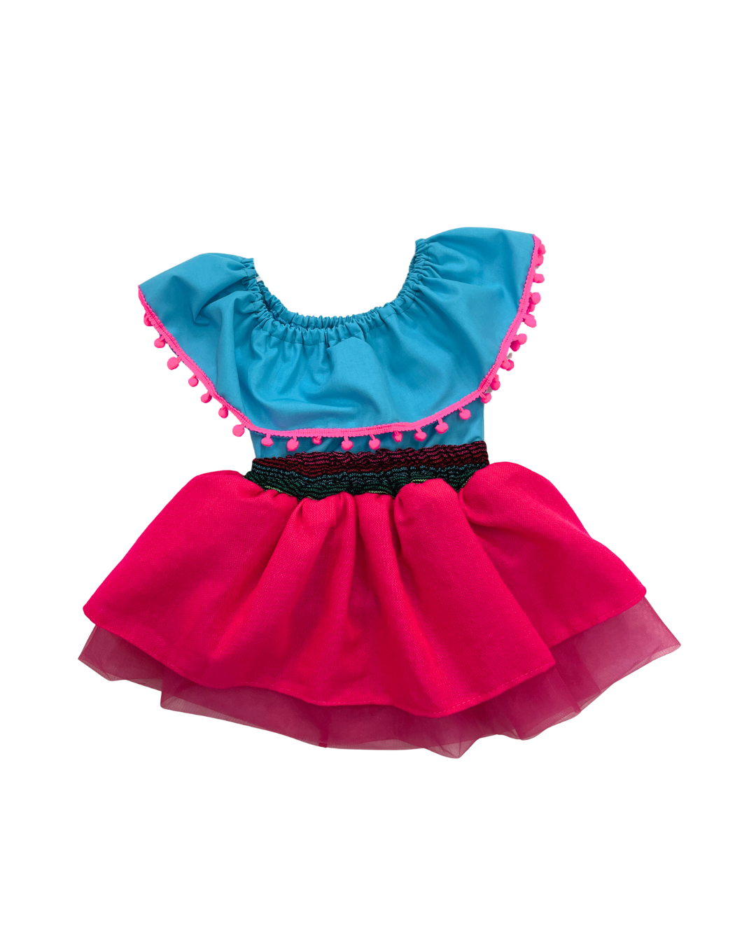 SET PATRIO TUTU CON BLUSA CAMPESINA AZUL POMPON ROSA, FALDA CAMBAYA ROSA