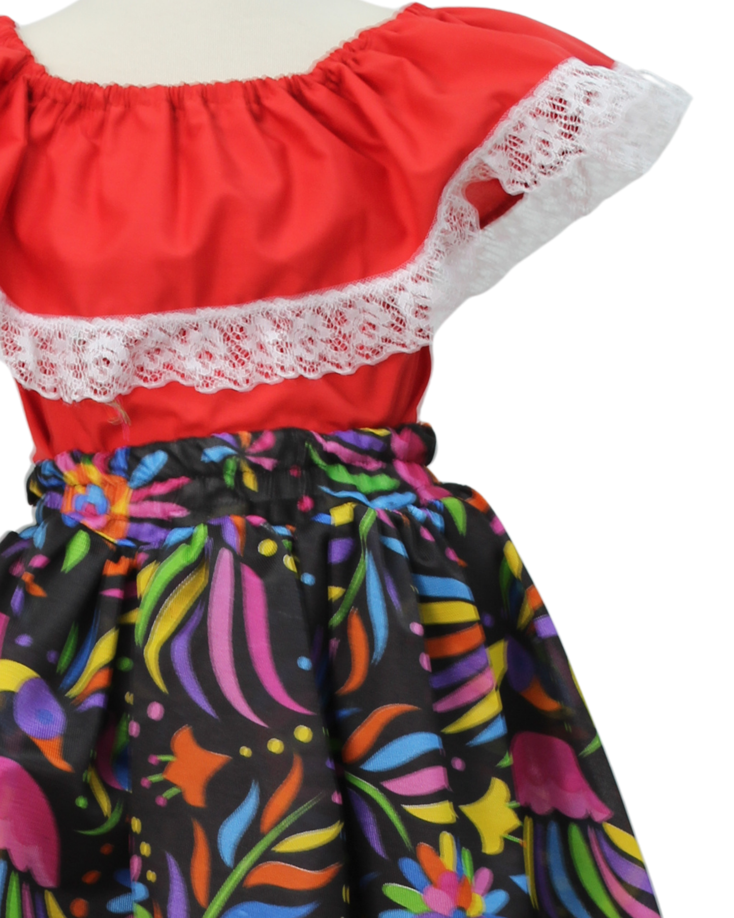 SET FALDA ADELITA FLORES  BLUSA CAMPESINA ROJA ENCAJE BLANCO