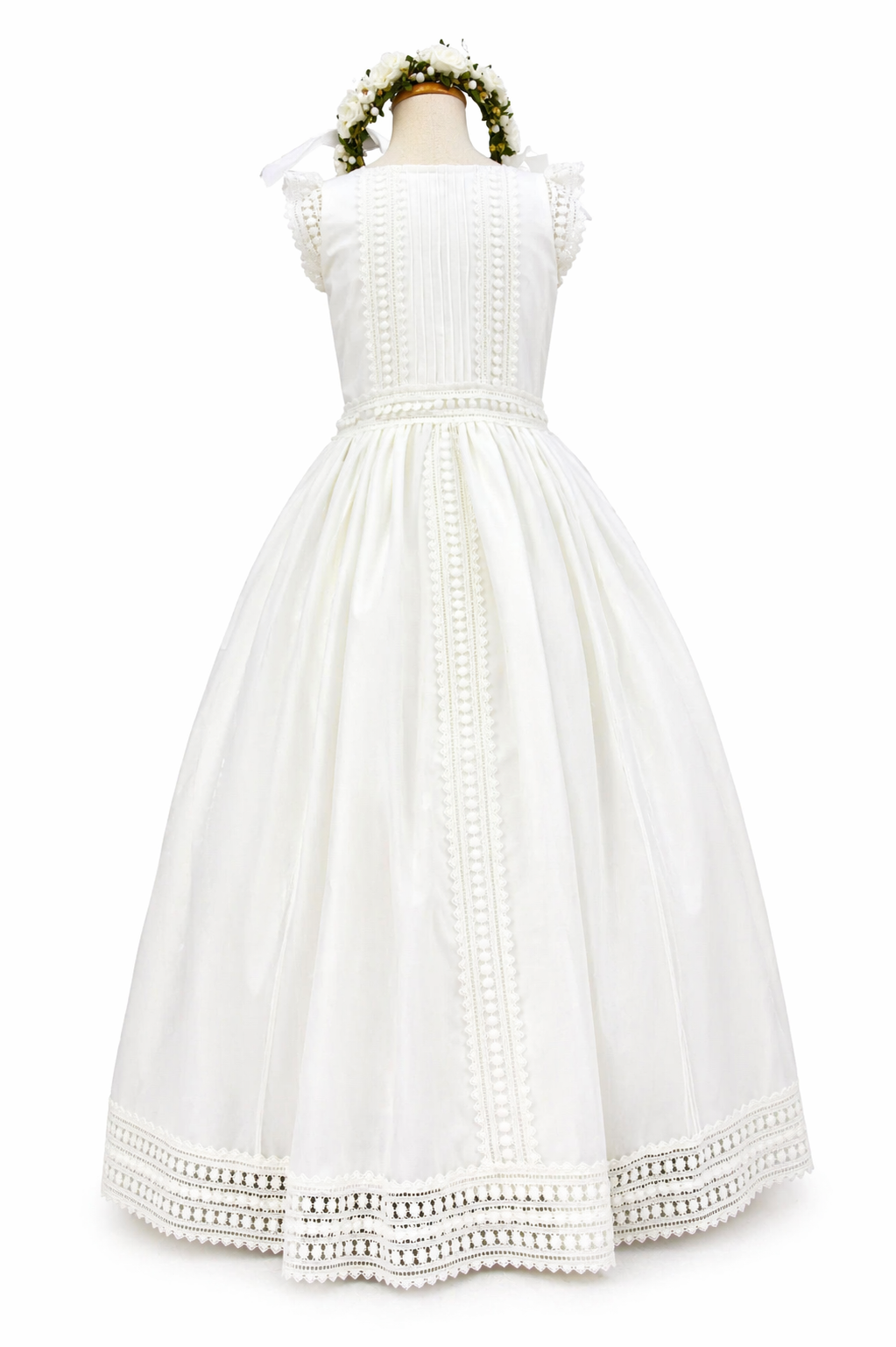 Vestido primera comunión, manga corta, detalles en talle y cintura
