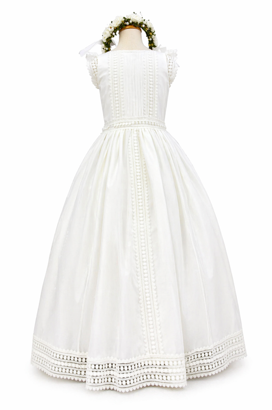 Vestido primera comunión, manga corta, detalles en talle y cintura