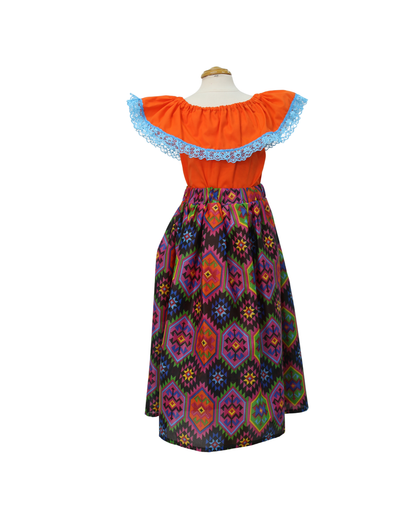 SET FALDA ADELITA CUADROS  BLUSA CAMPESINA NARANJA ENCAJE AZUL