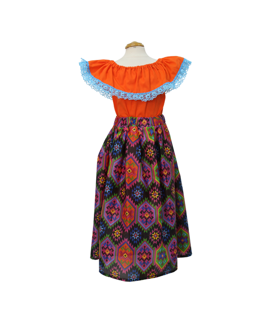 SET FALDA ADELITA CUADROS  BLUSA CAMPESINA NARANJA ENCAJE AZUL