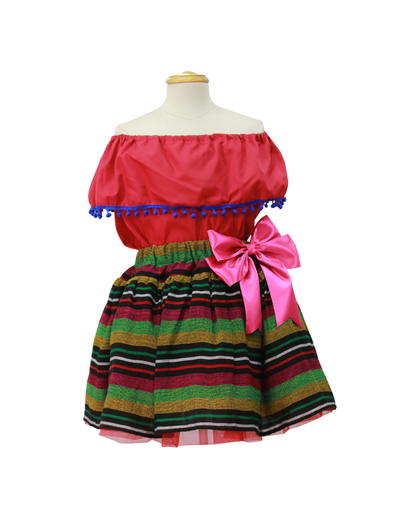 SET PATRIO TUTU CON BLUSA CAMPESINA ROSA POMPON AZUL, FALDA RAYAS