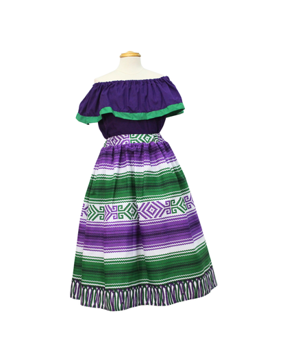 SET FALDA ADELITA RAYADAS  BLUSA CAMPESINA MORADA FRANJA VERDE