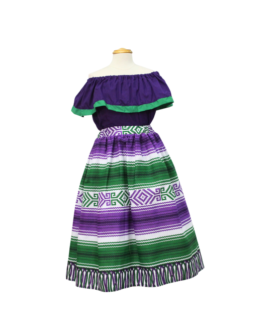 SET FALDA ADELITA RAYADAS  BLUSA CAMPESINA MORADA FRANJA VERDE