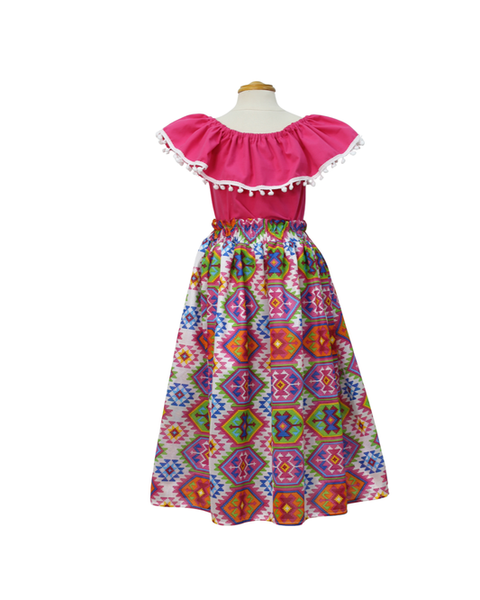 SET FALDA ADELITA CUADROS  BLUSA CAMPESINA ROSA POMPON BLANCO
