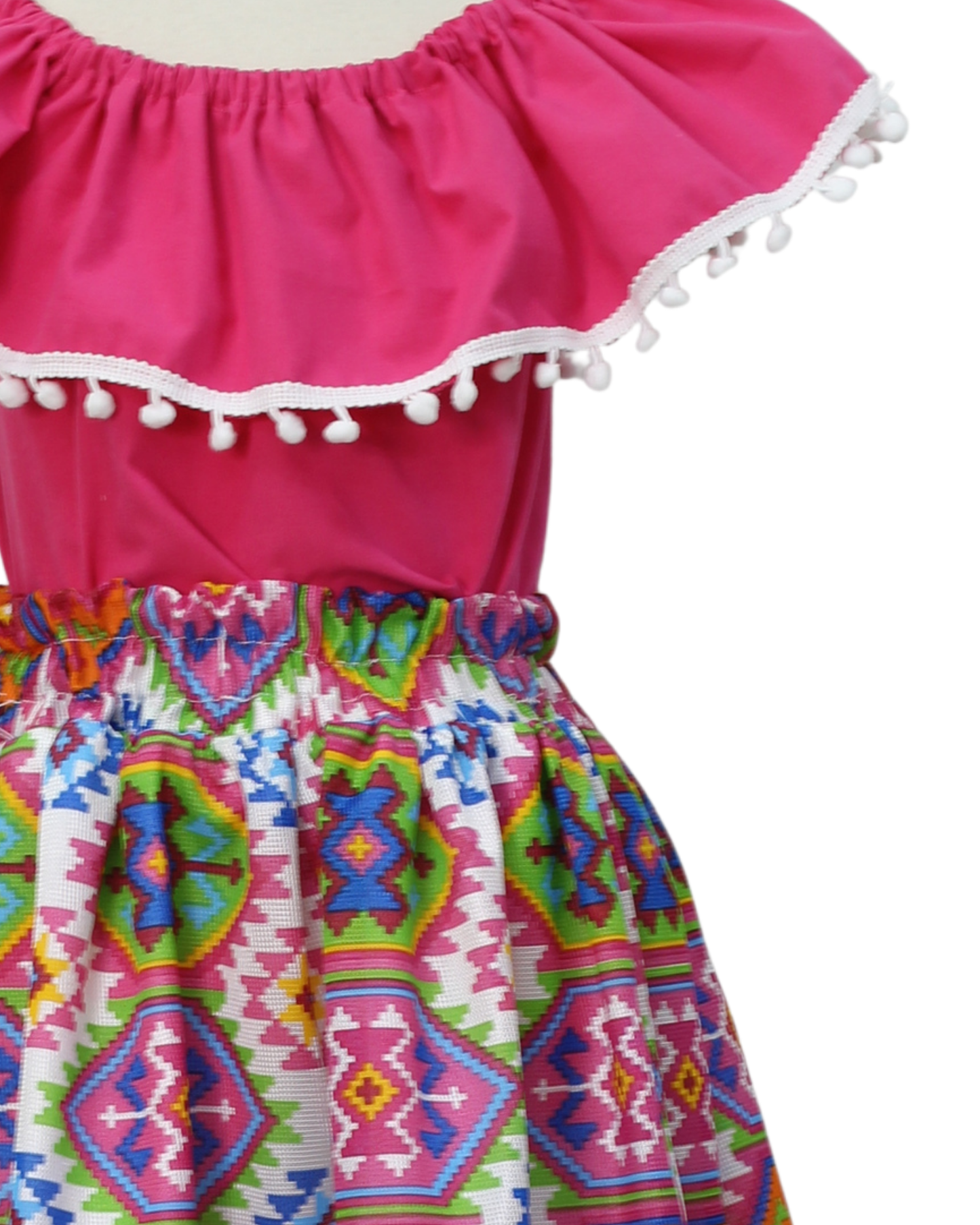 SET FALDA ADELITA CUADROS  BLUSA CAMPESINA ROSA POMPON BLANCO