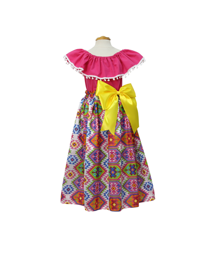 SET FALDA ADELITA CUADROS  BLUSA CAMPESINA ROSA POMPON BLANCO