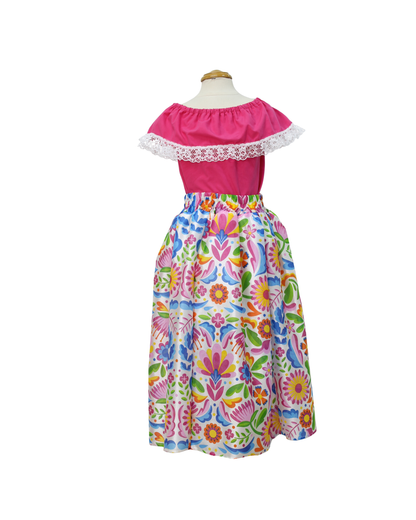 SET FALDA ADELITA FLORES  BLUSA CAMPESINA ROSA ENCAJE BLANCO