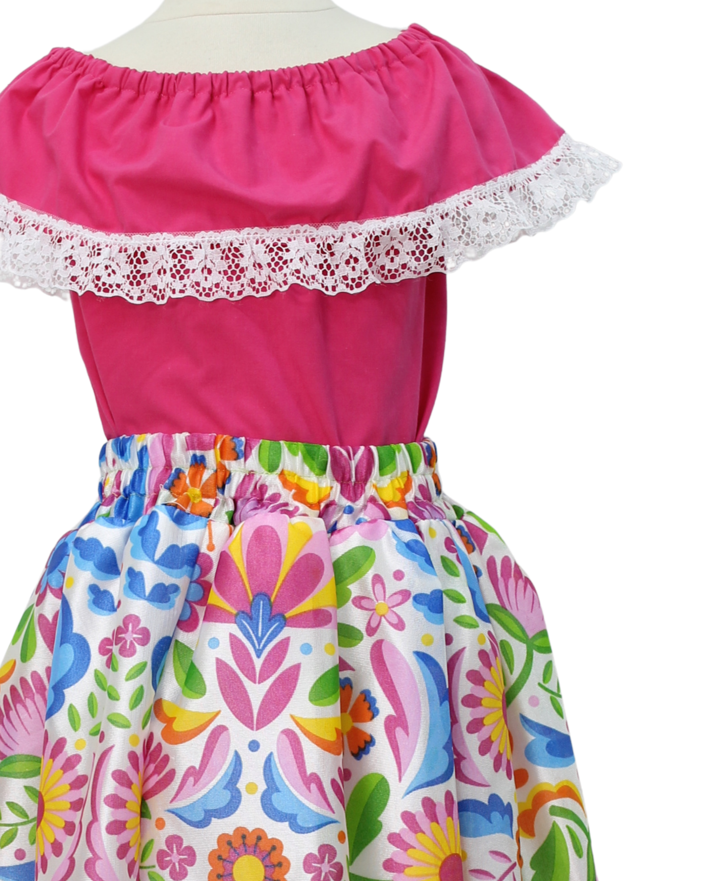 SET FALDA ADELITA FLORES  BLUSA CAMPESINA ROSA ENCAJE BLANCO