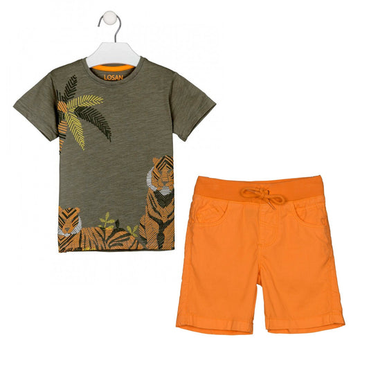 set bermuda y camiseta tonos naranja y verde militar