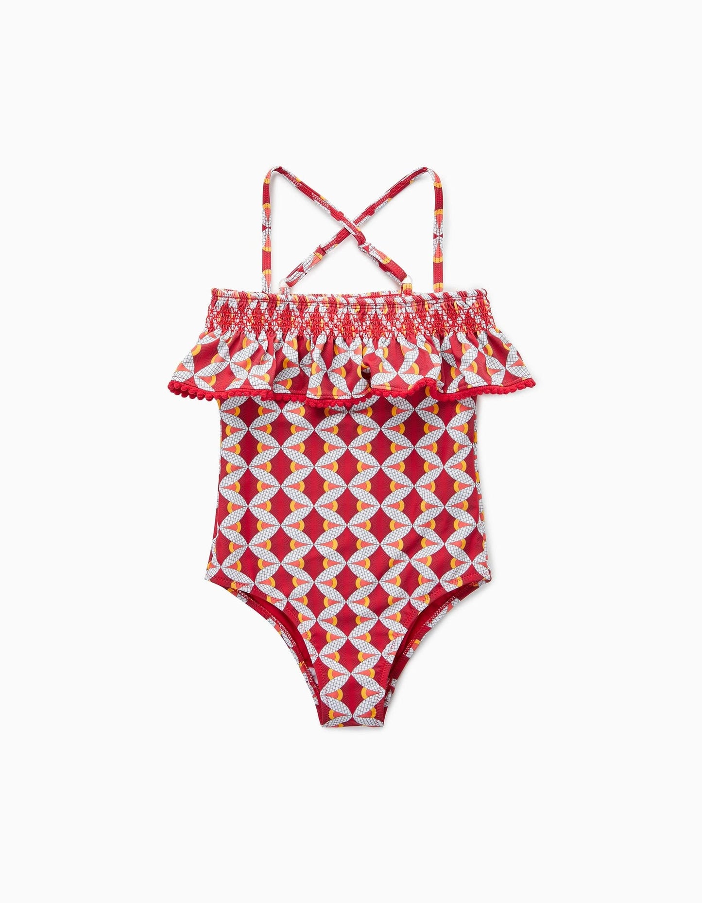 bañador rojo estampado olan con pompones