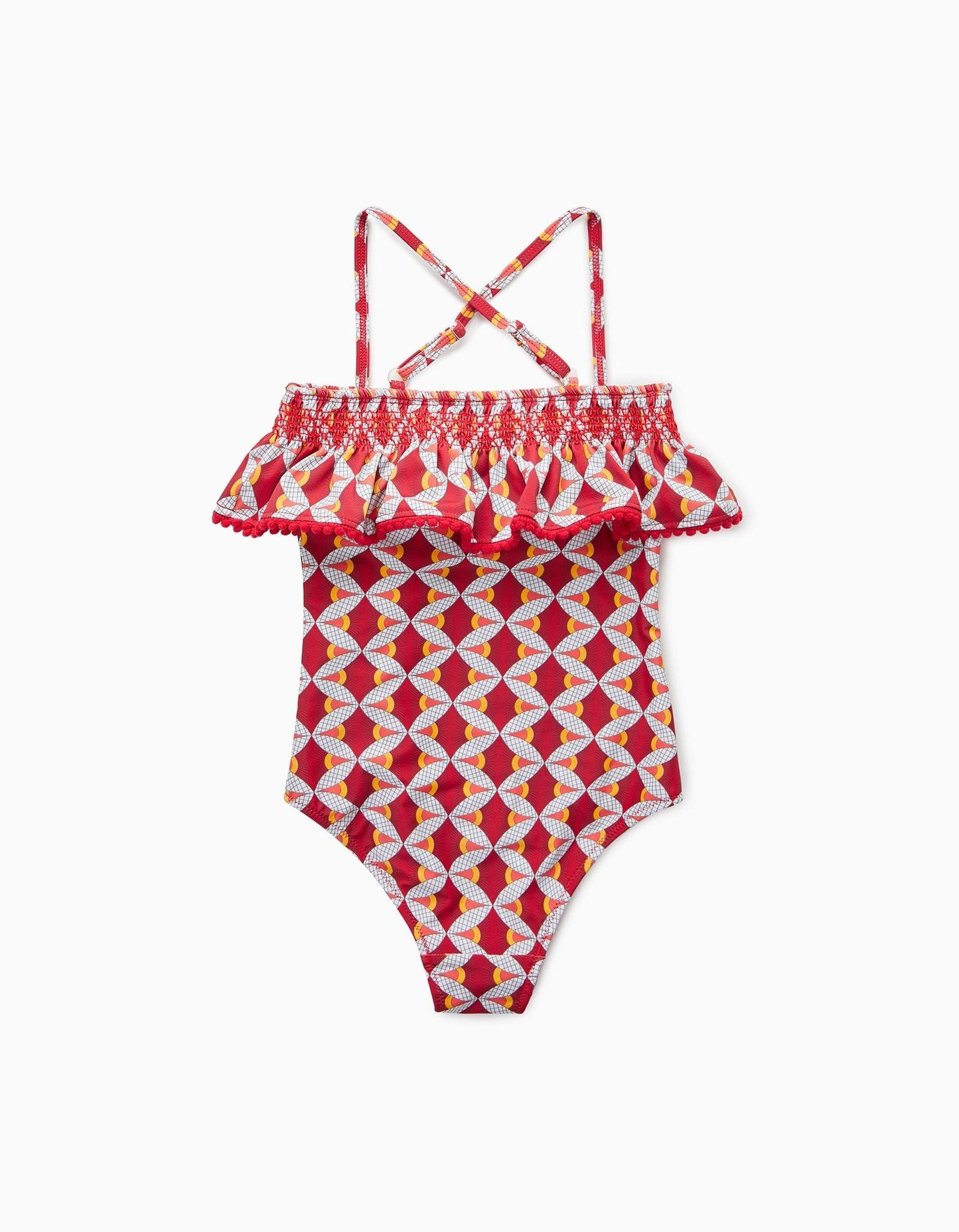 bañador rojo estampado olan con pompones