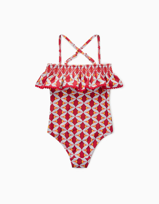 bañador rojo estampado olan con pompones
